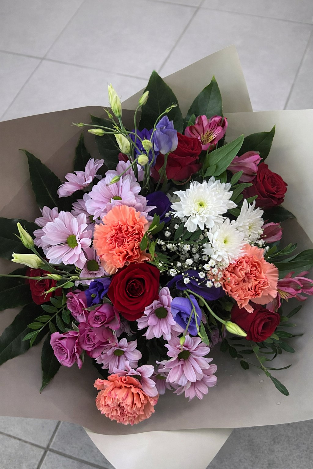 large florist choice bouquet purple pink white red 