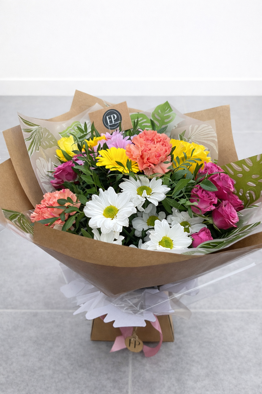 seasonal florist choice bouquet pink orange yellow white standard size 